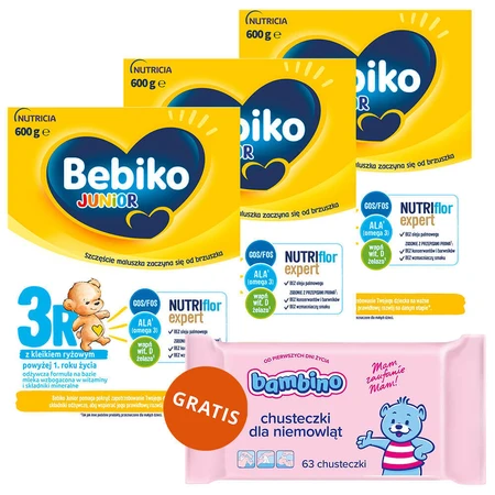 Набір Bebiko Junior 3R Nutriflor Expert, formulă nutritivă pe basă de lapte cu terci de orez, peste 1 an, 3 x 600 g + Bambino, șervețele umede, 63 gratuit: ціни та характеристики
