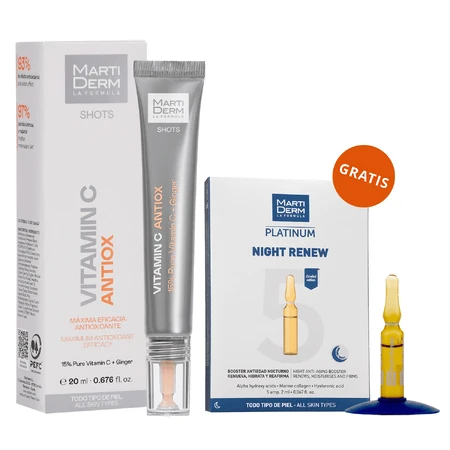 Набір з безкоштовними MartiDerm Shots Vitamin C Antiox, сироватка для обличчя, 20 мл + Platinum Night Renew, нічний бустер, 2 мл х 5 ампул: ціни та характеристики