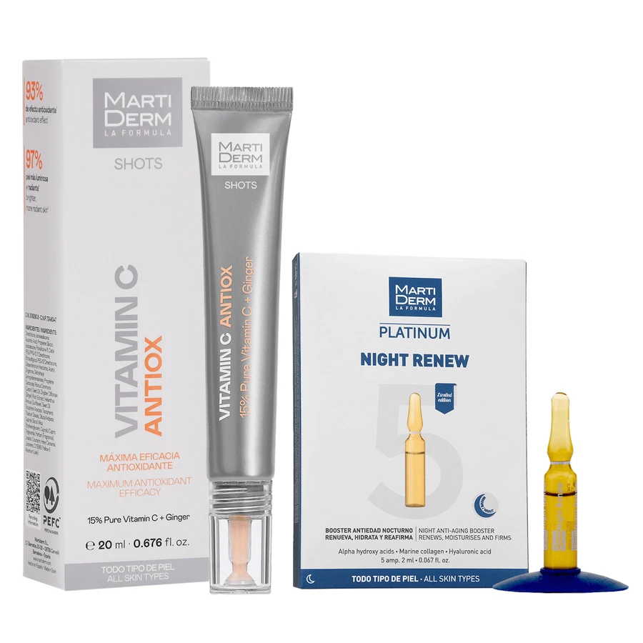 Набір з безкоштовними MartiDerm Shots Vitamin C Antiox, сироватка для обличчя, 20 мл + Platinum Night Renew, нічний бустер, 2 мл х 5 ампул: ціни та характеристики