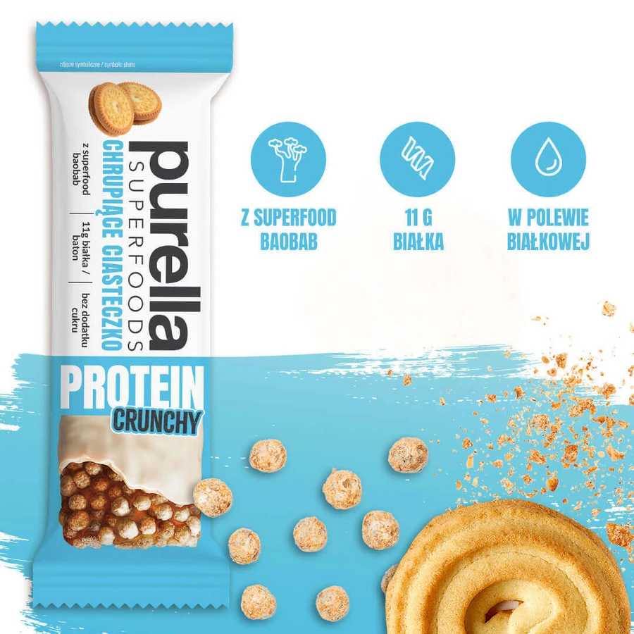 Purella Superfoods Protein, протеиновый батончик, хрустящее печенье, хрустящий, 45 г: цены и характеристики