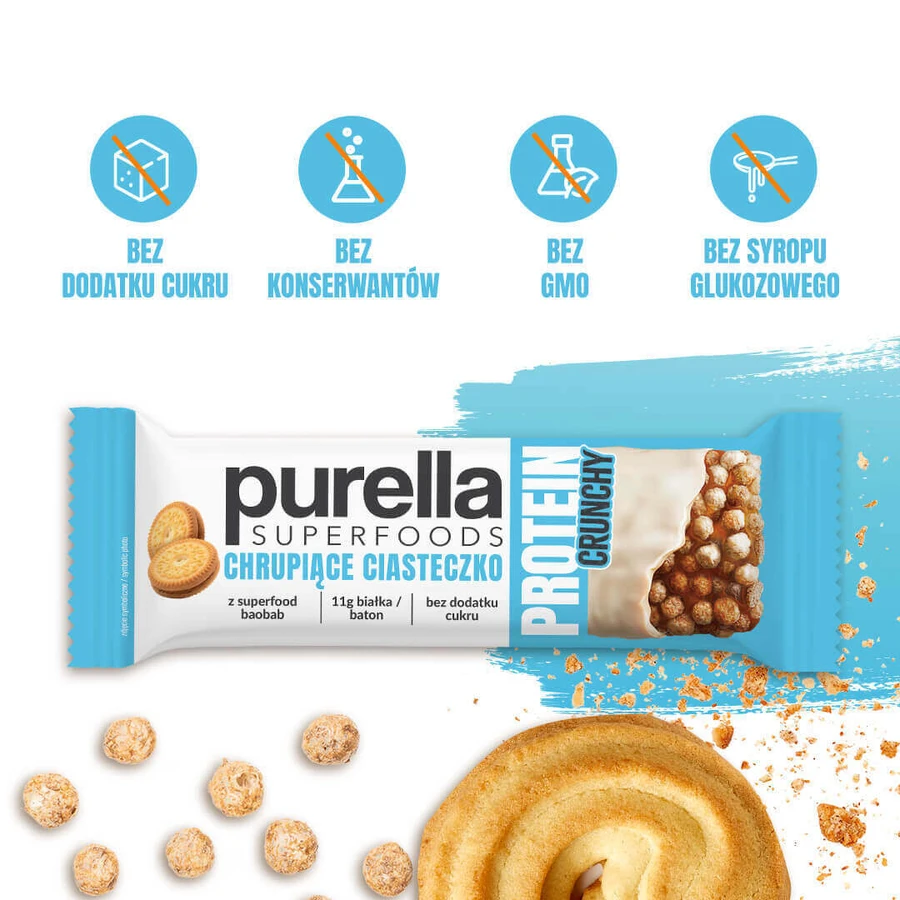 Purella Superfoods Protein, протеиновый батончик, хрустящее печенье, хрустящий, 45 г: цены и характеристики
