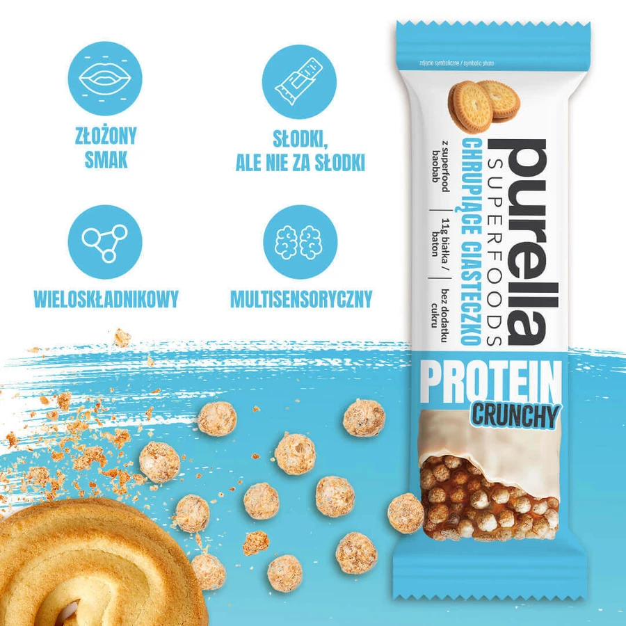 Purella Superfoods Protein, протеиновый батончик, хрустящее печенье, хрустящий, 45 г: цены и характеристики