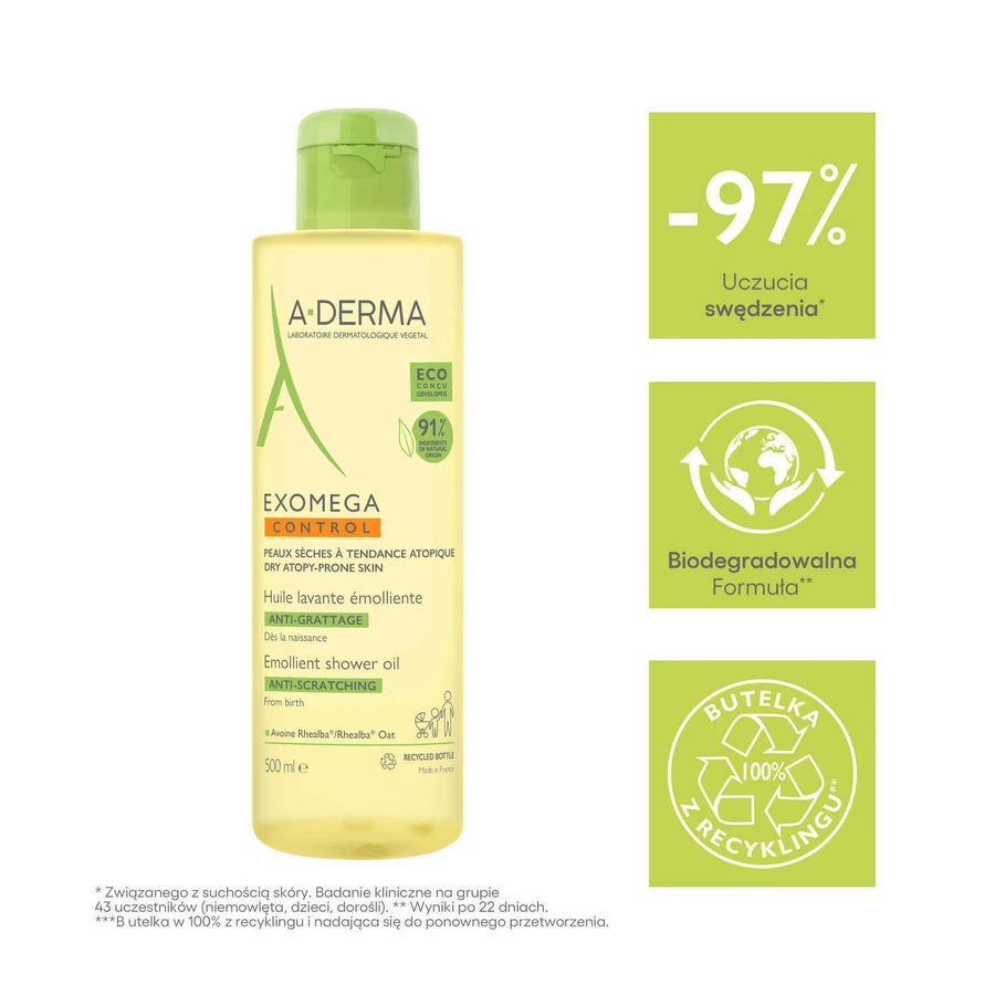 Набір A-Derma Exomega Control, loțiune emolientă, piele uscată și predispusă la atopie, din ziua 1, 400 ml + ulei de duș emolientă, piele uscată și predispusă la atopie, 500 ml: ціни та характеристики