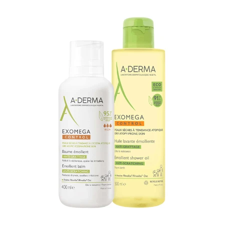 Набір A-Derma Exomega Control, loțiune emolientă, piele uscată și predispusă la atopie, din ziua 1, 400 ml + ulei de duș emolientă, piele uscată și predispusă la atopie, 500 ml: ціни та характеристики