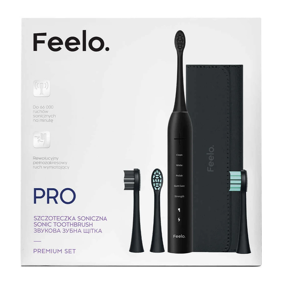 Набор Feelo Pro Premium, periuță de dinți sonică cu husă și 4 vârfuri, negru: цены и характеристики