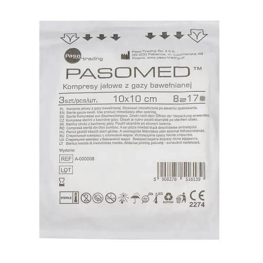 Стерильные хлопчатобумажные компрессы Pasomed, 17 нитей, 8 слоев, 10 см x 10 см, 3 шт.: цены и характеристики