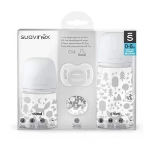 Suavinex, набор: бутылочка 150 мл + 270 мл + соска 0-6 м + клипса Fox Clip, серый
