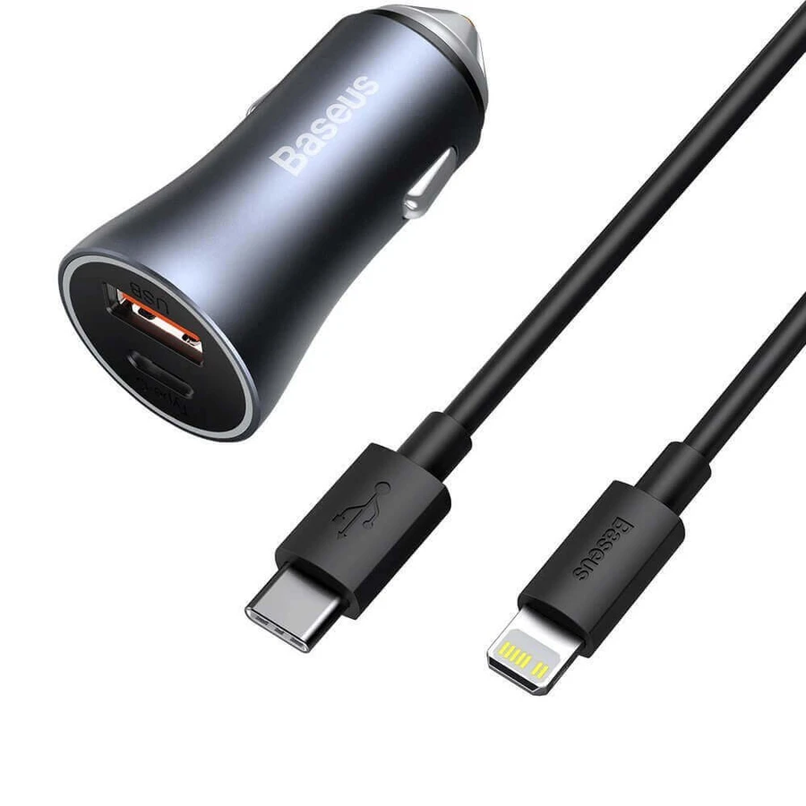 Швидкий автомобільний зарядний пристрій Baseus Golden Contactor Pro USB Type C / USB 40W Power Delivery 3.0 Quick Charge 4+ SCP FCP AFC + USB Type C - Lightning Cable Grey (TZCCJD-B0G): ціни та характеристики