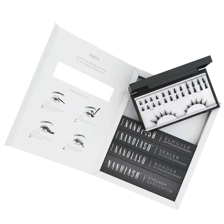 Nanolash DIY Extensions Starter Kit Gene artificiale 10.12.14mm Flirty 36 bucăți + Eyelash Bonder, 5 ml + Eyelash Sealer, 5 ml + Eyelash Applicator, 1 buc + Eyelash Remover, 5 ml: цены и характеристики