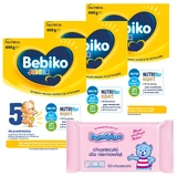 Набор Bebiko Junior 5 Nutriflor Expert, formulă hrănitoare pe bază de lapte, pentru preșcolari, 3 x 600 g + Bambino, șervețele umede, de la naștere, 63 gratuit