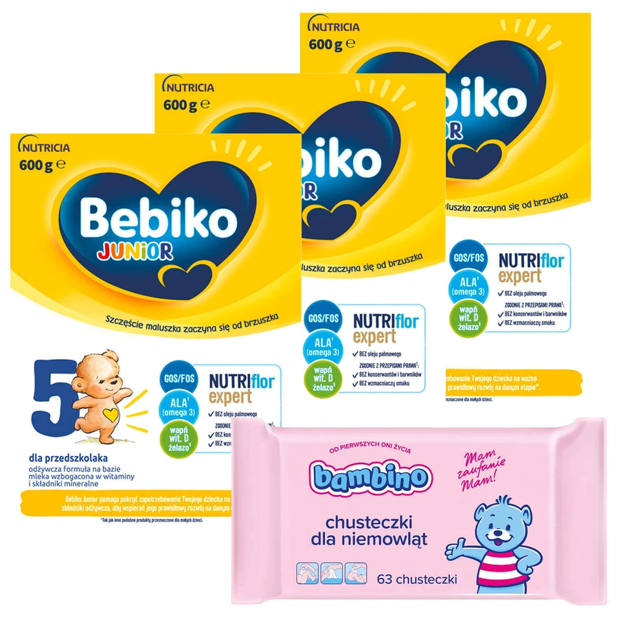 Набір Bebiko Junior 5 Nutriflor Expert, formulă hrănitoare pe basă de lapte, pentru preșcolari, 3 x 600 g + Bambino, șervețele umede, de la naștere, 63 gratuit: ціни та характеристики
