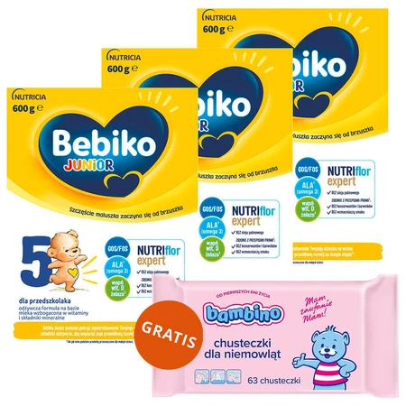 Набір Bebiko Junior 5 Nutriflor Expert, formulă hrănitoare pe basă de lapte, pentru preșcolari, 3 x 600 g + Bambino, șervețele umede, de la naștere, 63 gratuit: ціни та характеристики