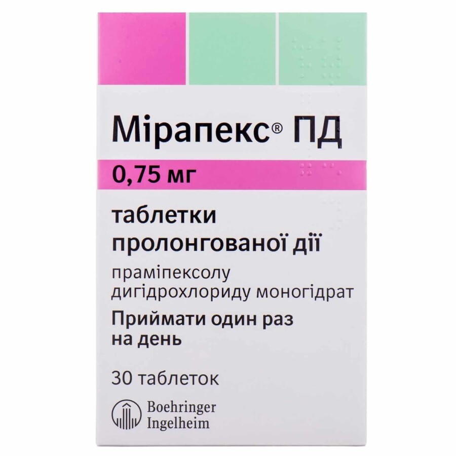 Мірапекс пд таблетки пролонг. дії 0,75 мг блістер №30
