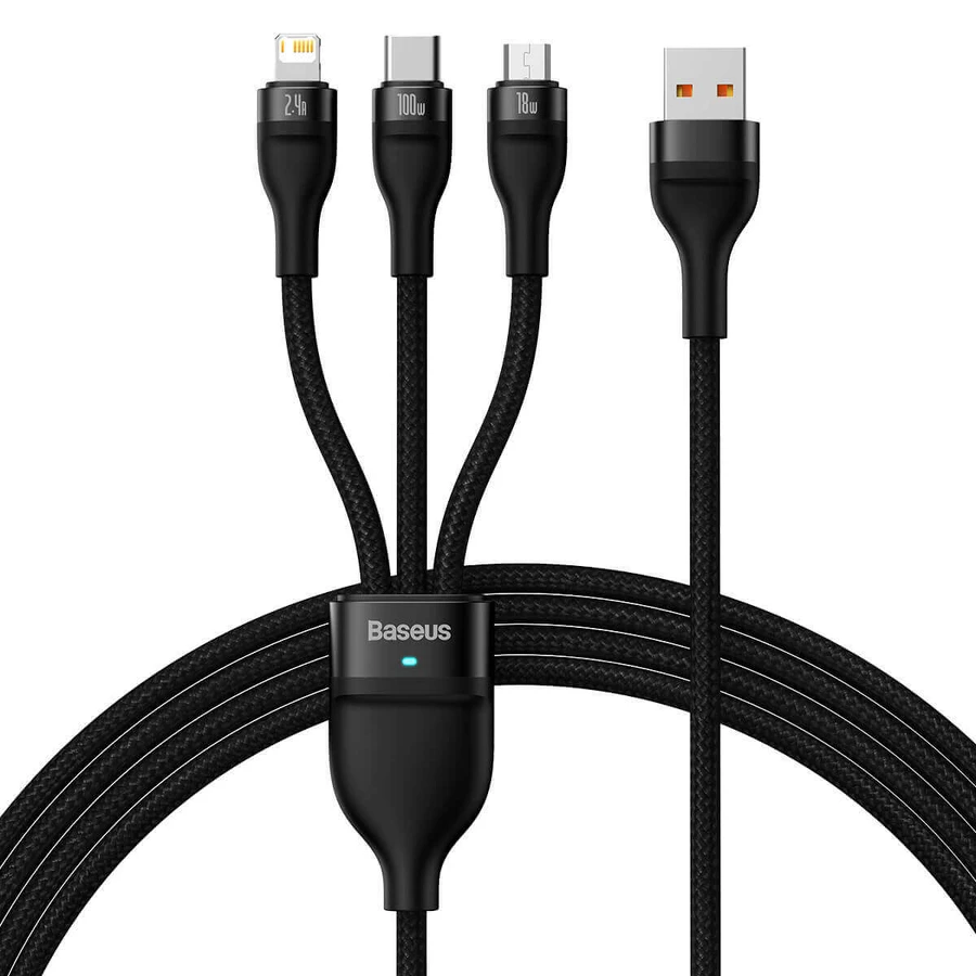 USB-кабель Baseus Flash Series II - USB Type C / Lightning / Micro USB 100 Вт 1,2 м Чорний (CASS030001): ціни та характеристики