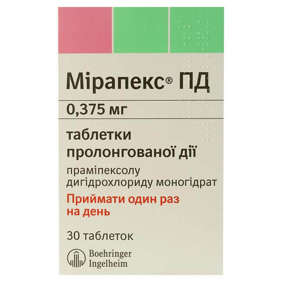 Мирапекс ПД табл. пролонг. дейст. 0,375 мг блистер №30: цены и характеристики