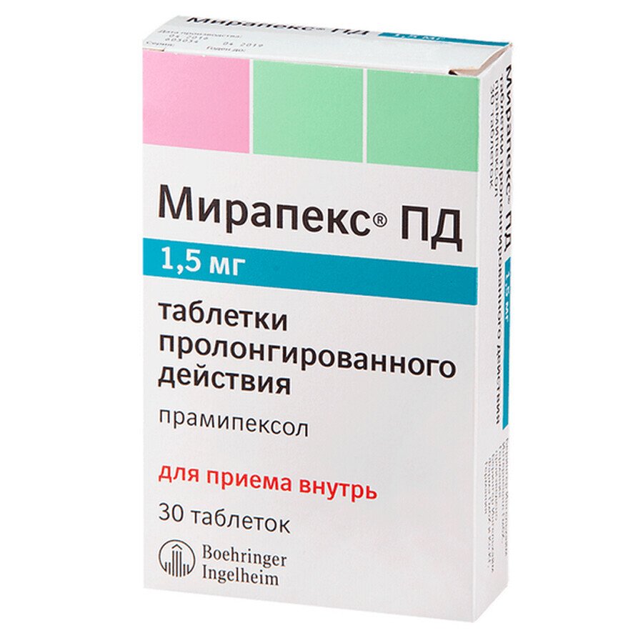Мірапекс пд таблетки пролонг. дії 1,5 мг блістер №30