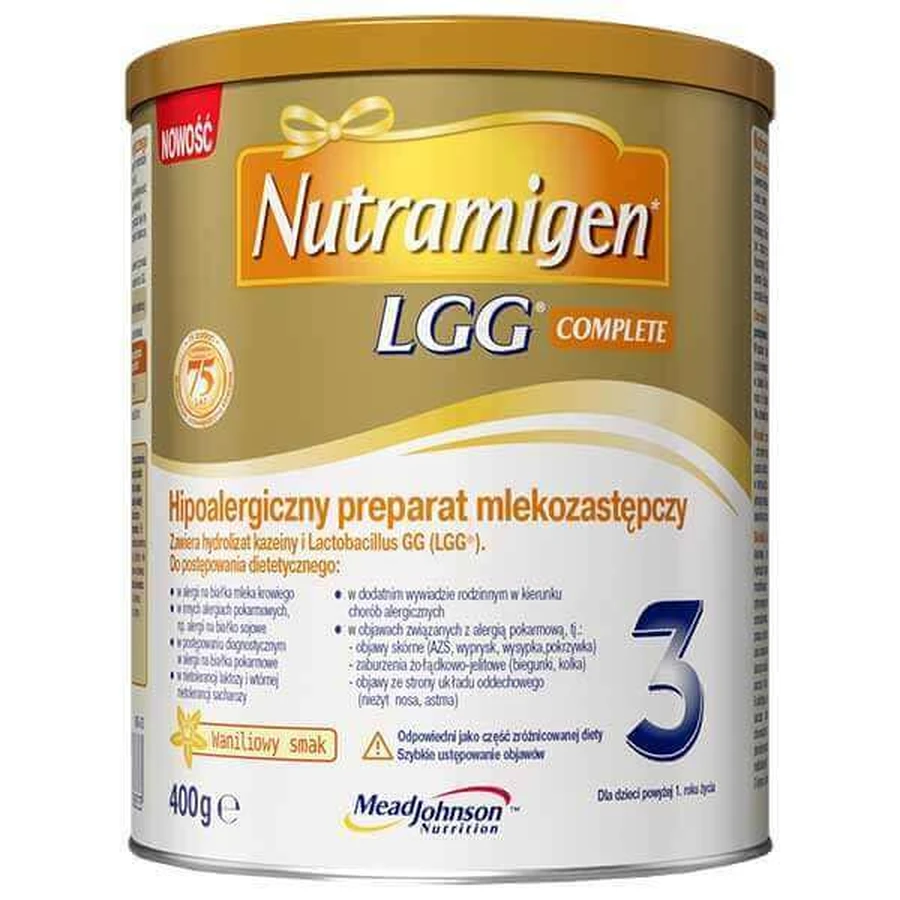 Nutramigen 3 LGG Complete, гіпоалергенний замінник молока, від 1 року, зі смаком ванілі, 400 г: ціни та характеристики