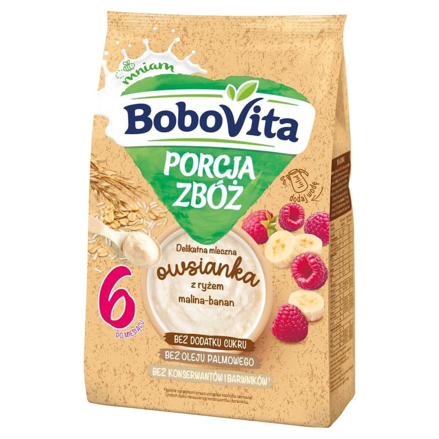 BoboVita Porcja Zbóż Fulgi de ovăz delicați cu orez, zmeură-banană, fără zahăr adăugat, după 6 luni, 210 g: цены и характеристики