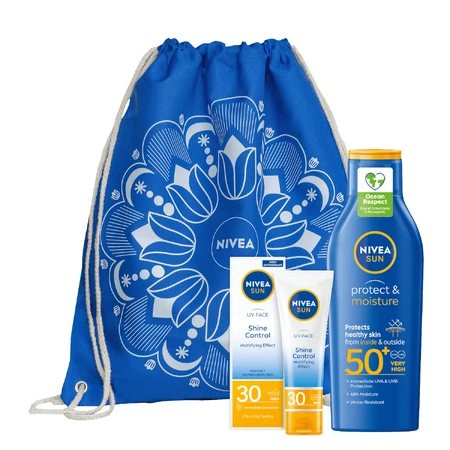 Набір Nivea Sun Shine Control, матуючий крем для обличчя з високим ступенем захисту, SPF 30, 50 мл + зволожуючий лосьйон від сонця, SPF 50+, 200 мл + безкоштовна сумка-рюкзак: ціни та характеристики