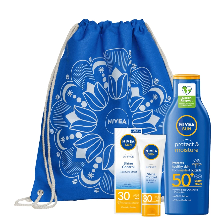 Набір Nivea Sun Shine Control, матуючий крем для обличчя з високим ступенем захисту, SPF 30, 50 мл + зволожуючий лосьйон від сонця, SPF 50+, 200 мл + безкоштовна сумка-рюкзак: ціни та характеристики