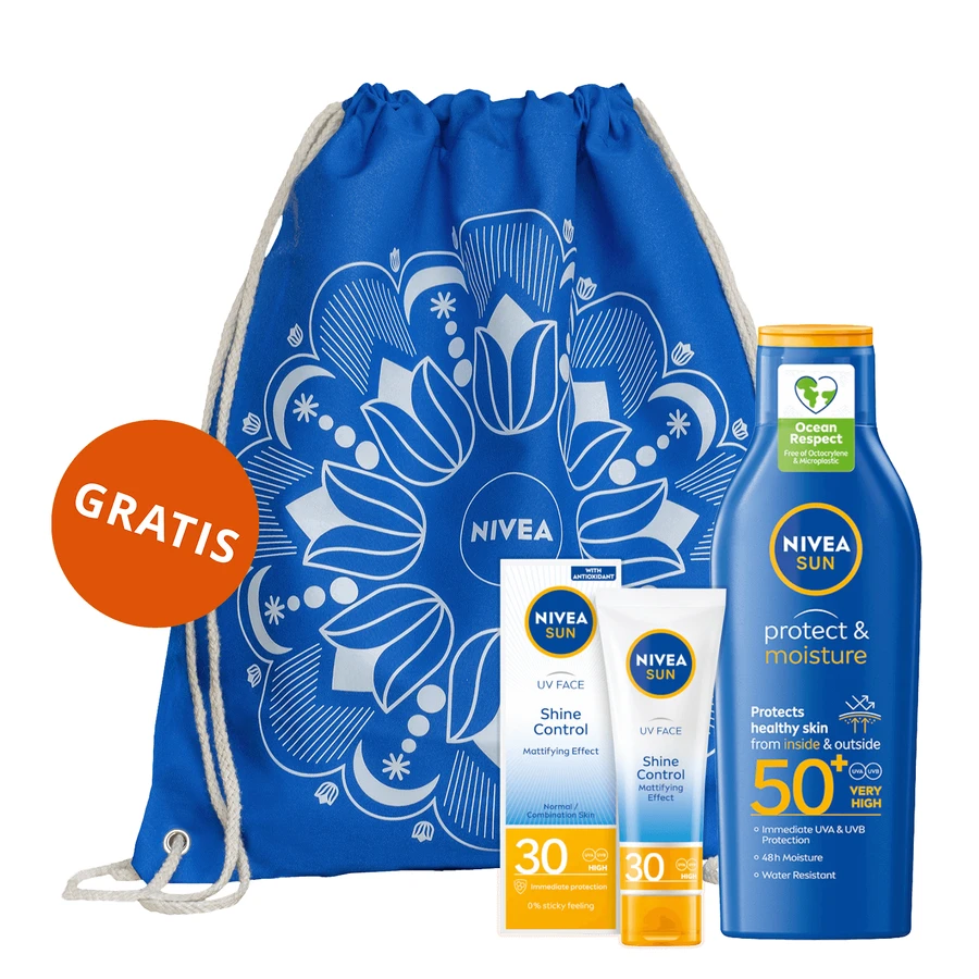 Набір Nivea Sun Shine Control, матуючий крем для обличчя з високим ступенем захисту, SPF 30, 50 мл + зволожуючий лосьйон від сонця, SPF 50+, 200 мл + безкоштовна сумка-рюкзак: ціни та характеристики
