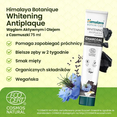 Зубна паста Himalaya Botanique проти нальоту з активованим вугіллям і олією чорного кимина, 75 мл: ціни та характеристики