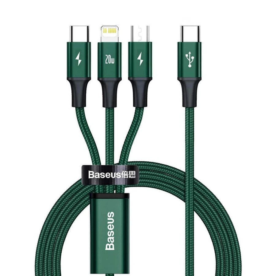 Кабель Baseus Rapid Series 3in1 USB-C - USB-C / Lightning / micro USB 20W PD 1,5 м - зелений: ціни та характеристики