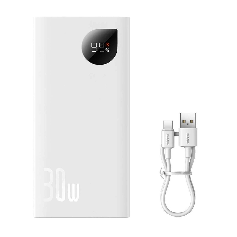Внешний аккумулятор Baseus Adaman2 с цифровым дисплеем, 2 порта USB-A / 1 порт USB-C, 10000 мА·ч, 30 Вт, белый: цены и характеристики