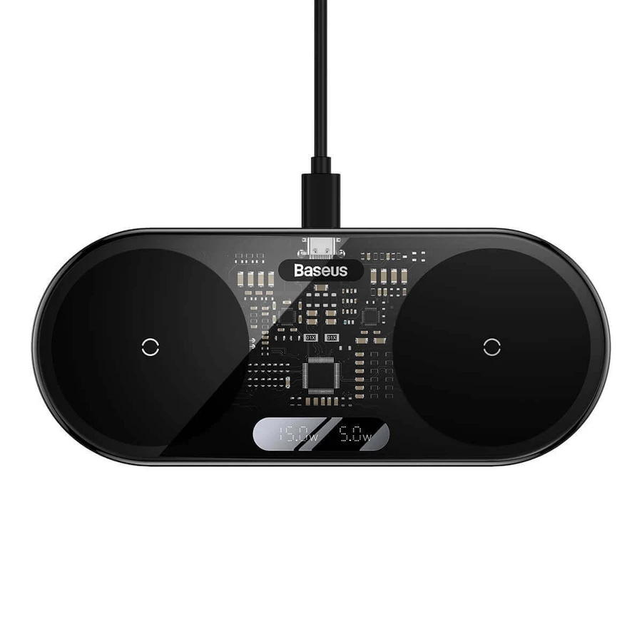 Беспроводное зарядное устройство Baseus Digital LED Display Dual Wireless Charger с цифровым дисплеем 20 Вт, черное (WXSX010101): цены и характеристики