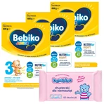 Набір Bebiko Junior 3 Nutriflor Expert, formulă nutritivă pe basă de lapte, peste 1 an, 3 x 600 g + Bambino, șervețele umede, de la naștere, 63 gratuit: ціни та характеристики