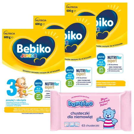 Набір Bebiko Junior 3 Nutriflor Expert, formulă nutritivă pe basă de lapte, peste 1 an, 3 x 600 g + Bambino, șervețele umede, de la naștere, 63 gratuit: ціни та характеристики