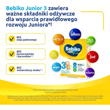 Набір Bebiko Junior 3 Nutriflor Expert, formulă nutritivă pe basă de lapte, peste 1 an, 3 x 600 g + Bambino, șervețele umede, de la naștere, 63 gratuit: ціни та характеристики