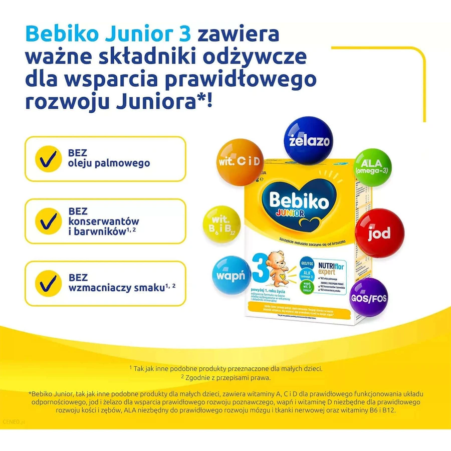 Набір Bebiko Junior 3 Nutriflor Expert, formulă nutritivă pe basă de lapte, peste 1 an, 3 x 600 g + Bambino, șervețele umede, de la naștere, 63 gratuit: ціни та характеристики