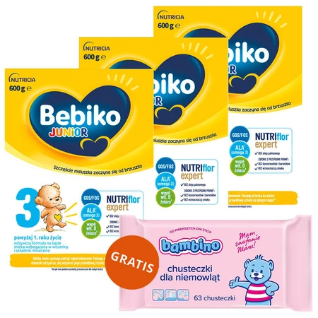 Набір Bebiko Junior 3 Nutriflor Expert, formulă nutritivă pe basă de lapte, peste 1 an, 3 x 600 g + Bambino, șervețele umede, de la naștere, 63 gratuit: ціни та характеристики