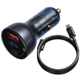 Автомобільний зарядний пристрій Baseus USB / USB Type C 65 Вт 5 A SCP Quick Charge 4.0+ Power Delivery 3.0 LCD Screen + USB Type C - USB Type C Cable Gray (TZCCKX-0G)