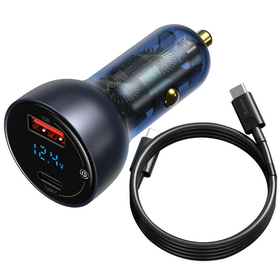 Автомобільний зарядний пристрій Baseus USB / USB Type C 65 Вт 5 A SCP Quick Charge 4.0+ Power Delivery 3.0 LCD Screen + USB Type C - USB Type C Cable Gray (TZCCKX-0G): ціни та характеристики