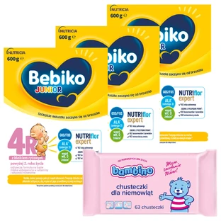 Набір Bebiko Junior 4R Nutriflor Expert, formulă hrănitoare pe basă de lapte cu terci de orez, peste 2 ani, 3 x 600 g + Bambino, șervețele umede, 63 gratuit