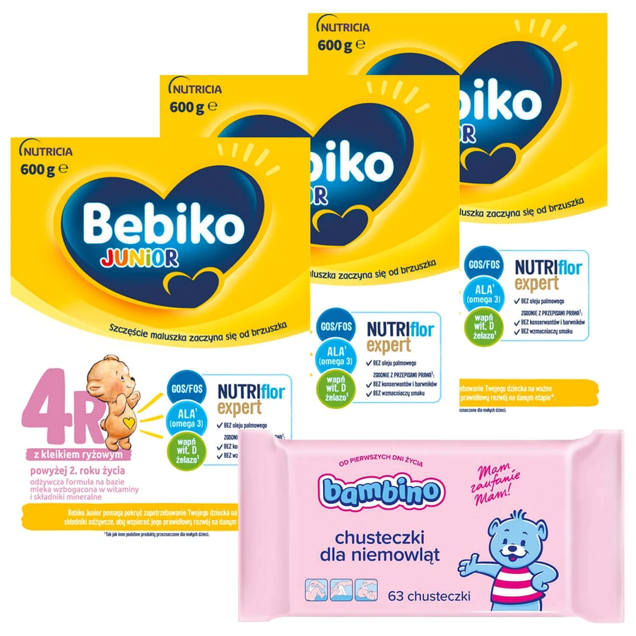 Набір Bebiko Junior 4R Nutriflor Expert, formulă hrănitoare pe basă de lapte cu terci de orez, peste 2 ani, 3 x 600 g + Bambino, șervețele umede, 63 gratuit: ціни та характеристики