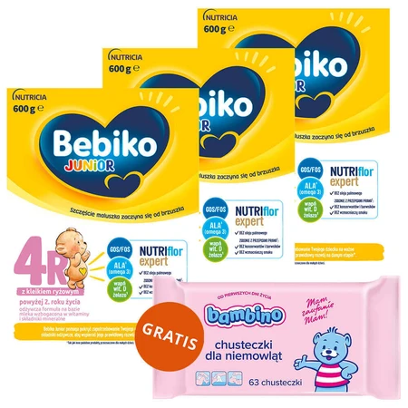 Набір Bebiko Junior 4R Nutriflor Expert, formulă hrănitoare pe basă de lapte cu terci de orez, peste 2 ani, 3 x 600 g + Bambino, șervețele umede, 63 gratuit: ціни та характеристики
