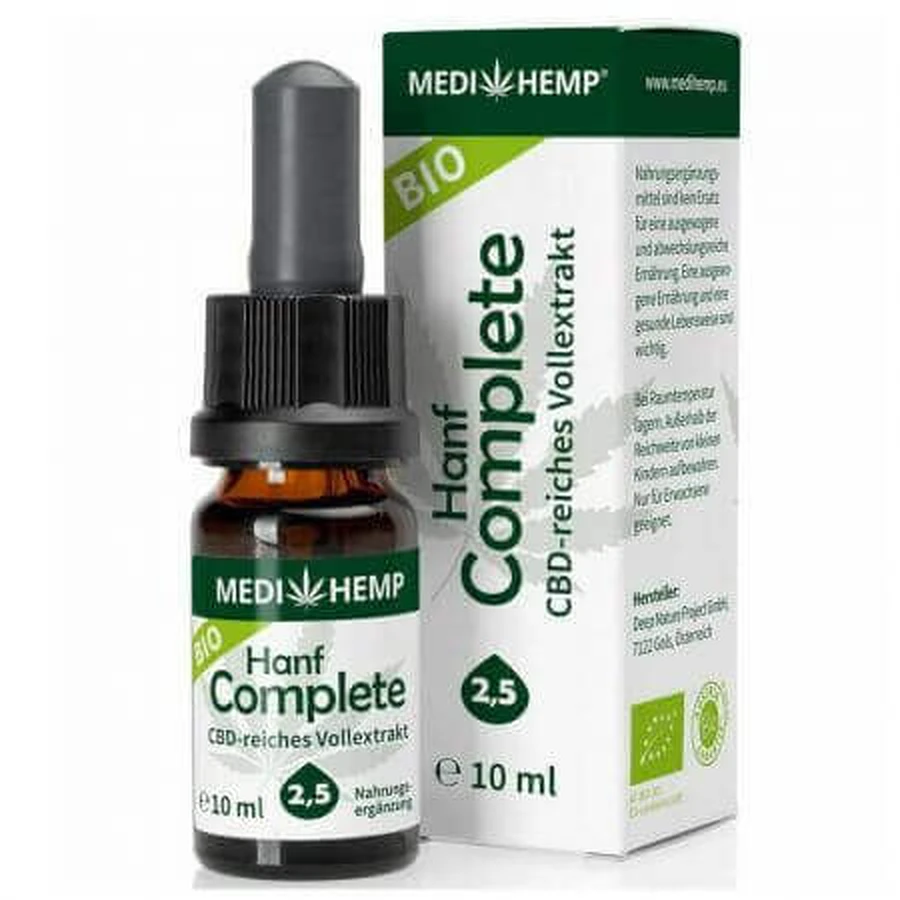 Органічна конопляна олія Hemp Complete, 2,5% CBD, 10 мл, Medihemp: ціни та характеристики