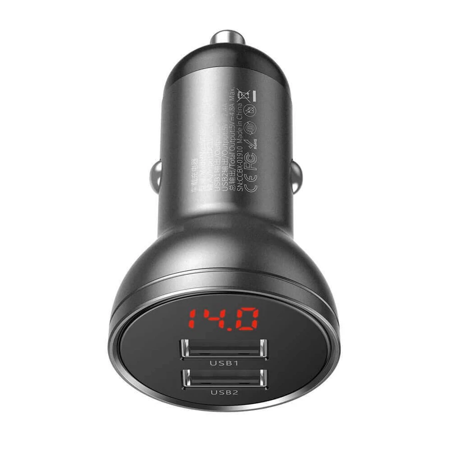 Автомобильное зарядное устройство Baseus 2x USB 4.8A 24W с ЖК-дисплеем серого цвета (CCBX-0G): цены и характеристики