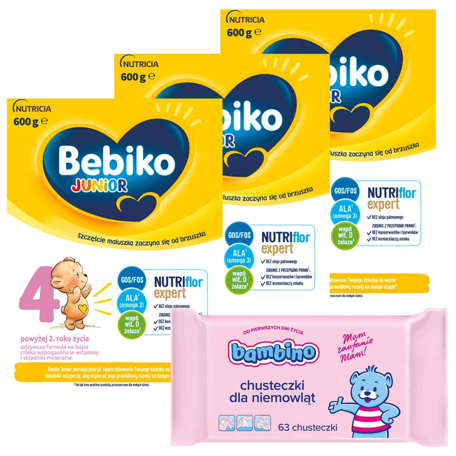 Набір Bebiko Junior 4 Nutriflor Expert, formulă nutritivă pe basă de lapte, peste 2 ani, 3 x 600 g + Bambino, șervețele umede, de la naștere, 63 bucăți gratuit: ціни та характеристики