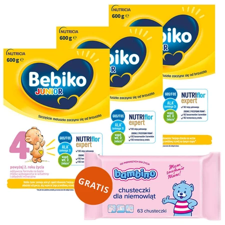 Набір Bebiko Junior 4 Nutriflor Expert, formulă nutritivă pe basă de lapte, peste 2 ani, 3 x 600 g + Bambino, șervețele umede, de la naștere, 63 bucăți gratuit: ціни та характеристики