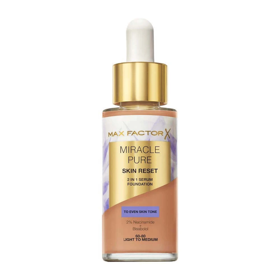 Питательная тональная основа с сывороткой Max Factor Miracle Pure 2-в-1 Skin Reset, веганская формула, оттенок 60-80, от светлого до среднего, 30 мл: цены и характеристики