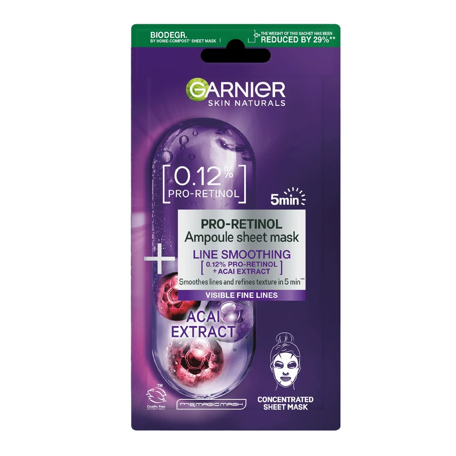 Разглаживающая ампула Garnier Pro-Retinol в тканевой маске с про-ретинолом, 19 г: цены и характеристики