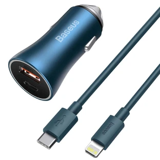Baseus Golden Contactor Pro Fast Car Charger USB Type C / USB 40W Power Delivery 3.0 Quick Charge 4+ SCP FCP AFC + USB Type C - Lightning Cable Blue (TZCCJD-03)