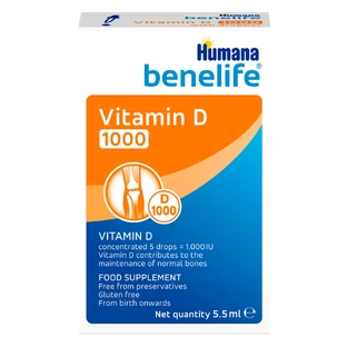 Добавка дієтична Benelife D3 1000 MО Humana для міцних кісточок та зубів краплі для дітей флакон 5,5 мл 
