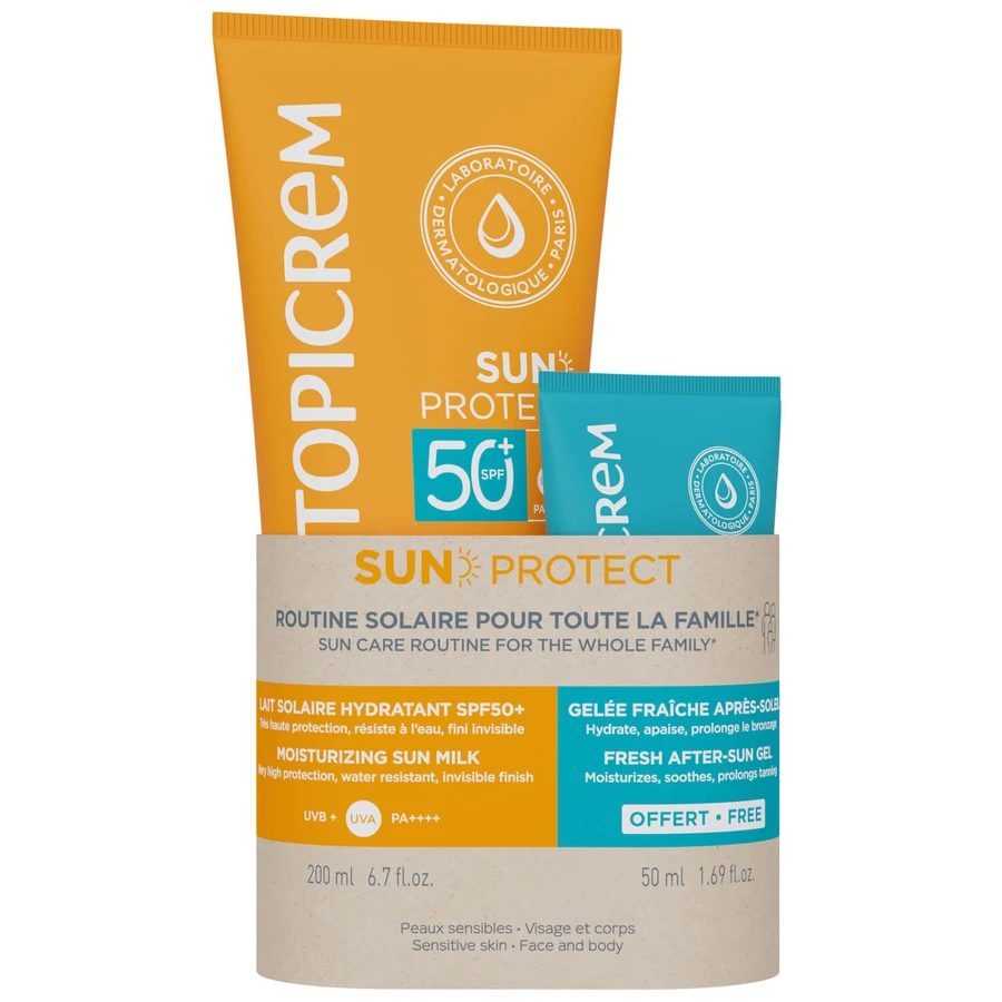 Набір сонцезахисний Topicrem Sun Protect Молочко зволожуюче сонцезахисне SPF50+ 200 мл + Гель для тіла після засмаги тонізуючий 50 мл: ціни та характеристики