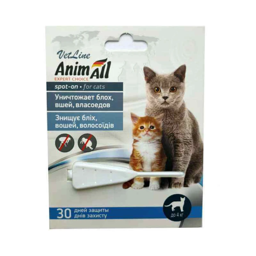 AnimAll VetLine (ЭнимАлл ВетЛайн) Spot-On - Противопаразитарные капли на холку от блох, вшей и власоедов для котов; до 4 кг: цены и характеристики