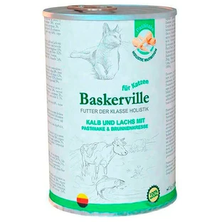 Baskerville (Баскервиль) Консервированный корм класса холистик с телятиной и лососем, с пастернаком и кресс-салатом для взрослых котов; 400 г
